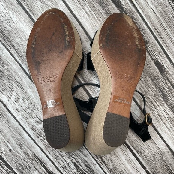 J. Crew Womens Patent Leather Canvas Wedge Sandals 7 Beige Black Made in Italy - Picture 7 of 13